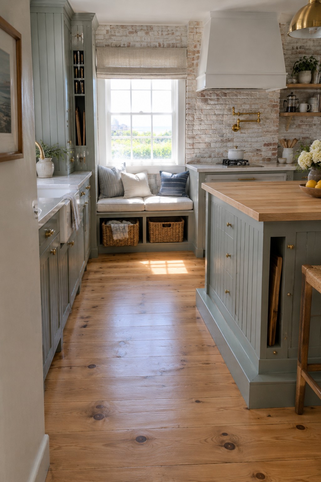 A kitchen with sage green cabinets, a wooden floor, a window with a cushioned bench seat, and woven storage baskets underneath the bench.
