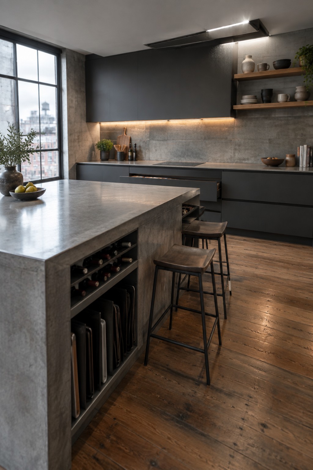 A modern kitchen with a large concrete island that has built-in open storage for wine bottles and cutting boards, dark cabinets, three bar stools, and wood flooring.