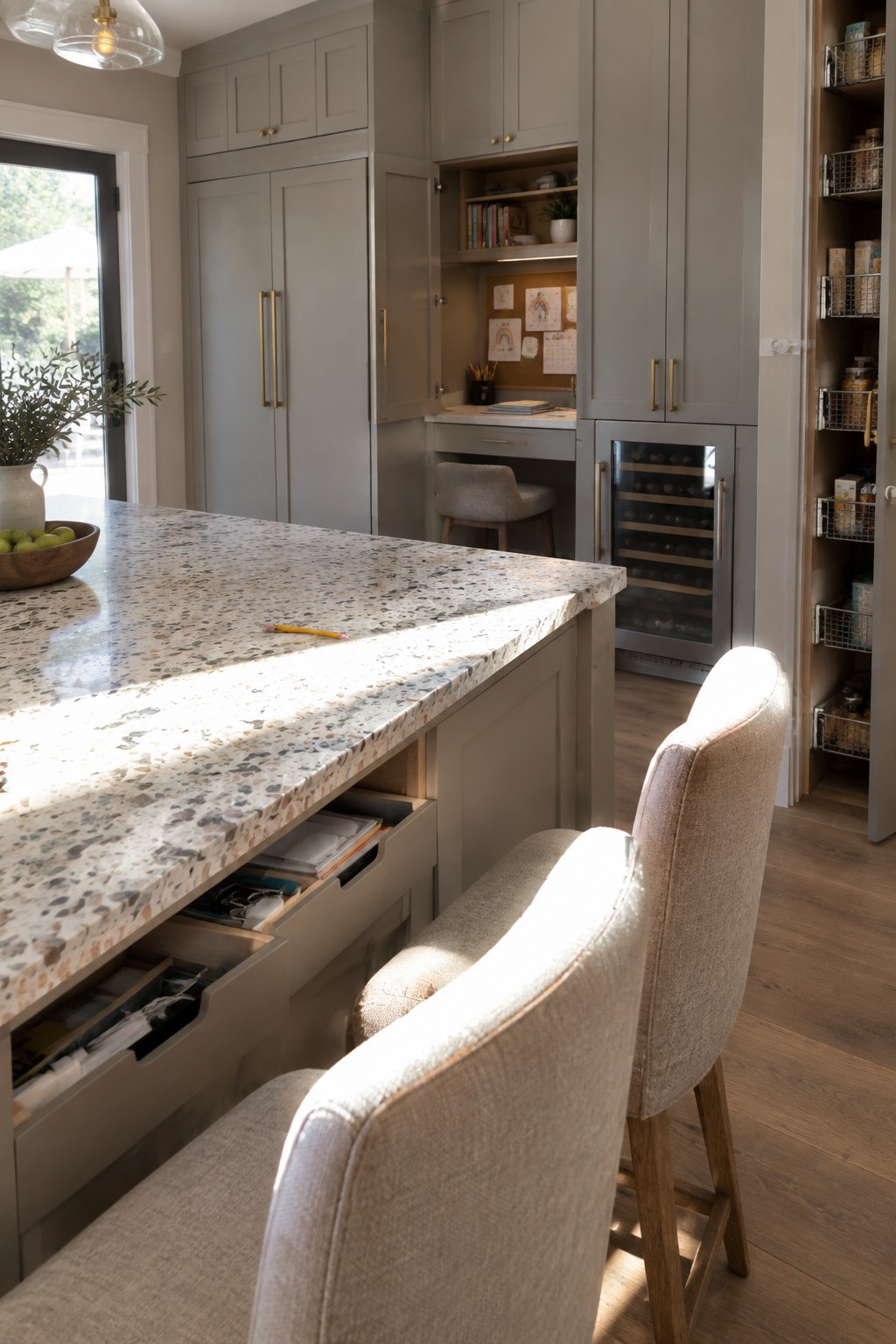 A modern kitchen with a large island featuring open pull-out drawers filled with organized papers and supplies, two upholstered bar stools in front, and integrated gray cabinetry with a wine refrigerator.