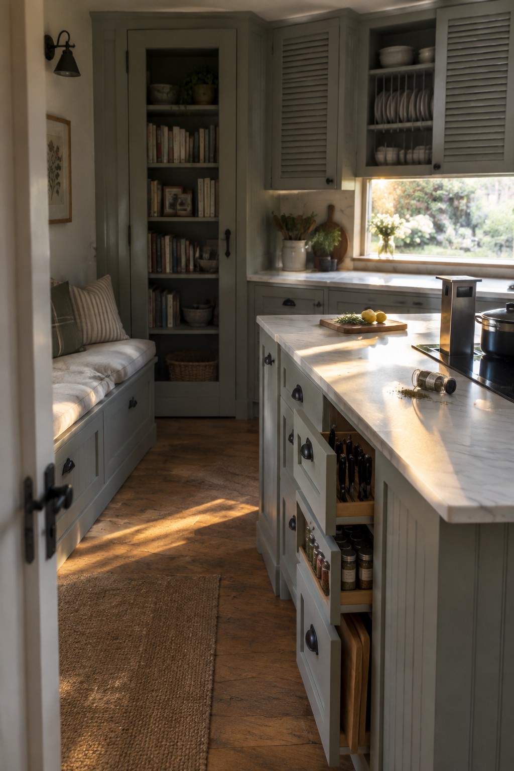 A kitchen island with open pull-out drawers showing organized spices, knives, and cutting boards in a sage green kitchen with marble counters.