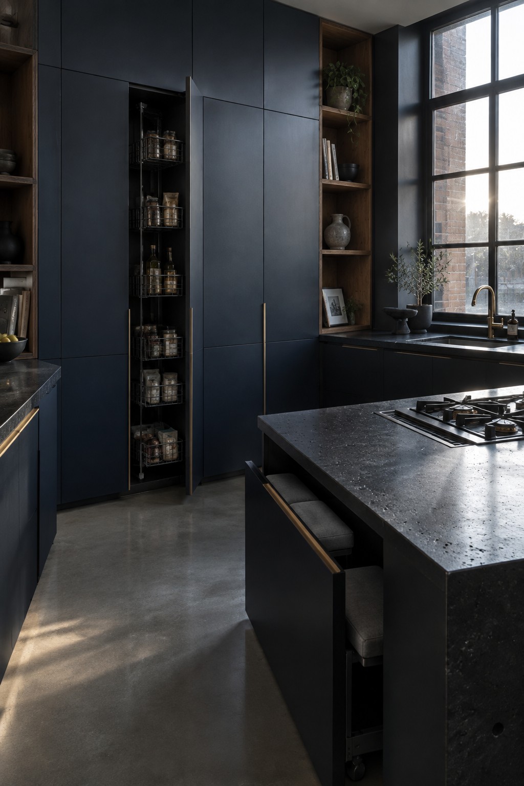 A modern kitchen featuring dark navy cabinetry, an open tall pull-out pantry with multiple wire baskets, a dark stone island with integrated bench seating, and a large window on the right wall.