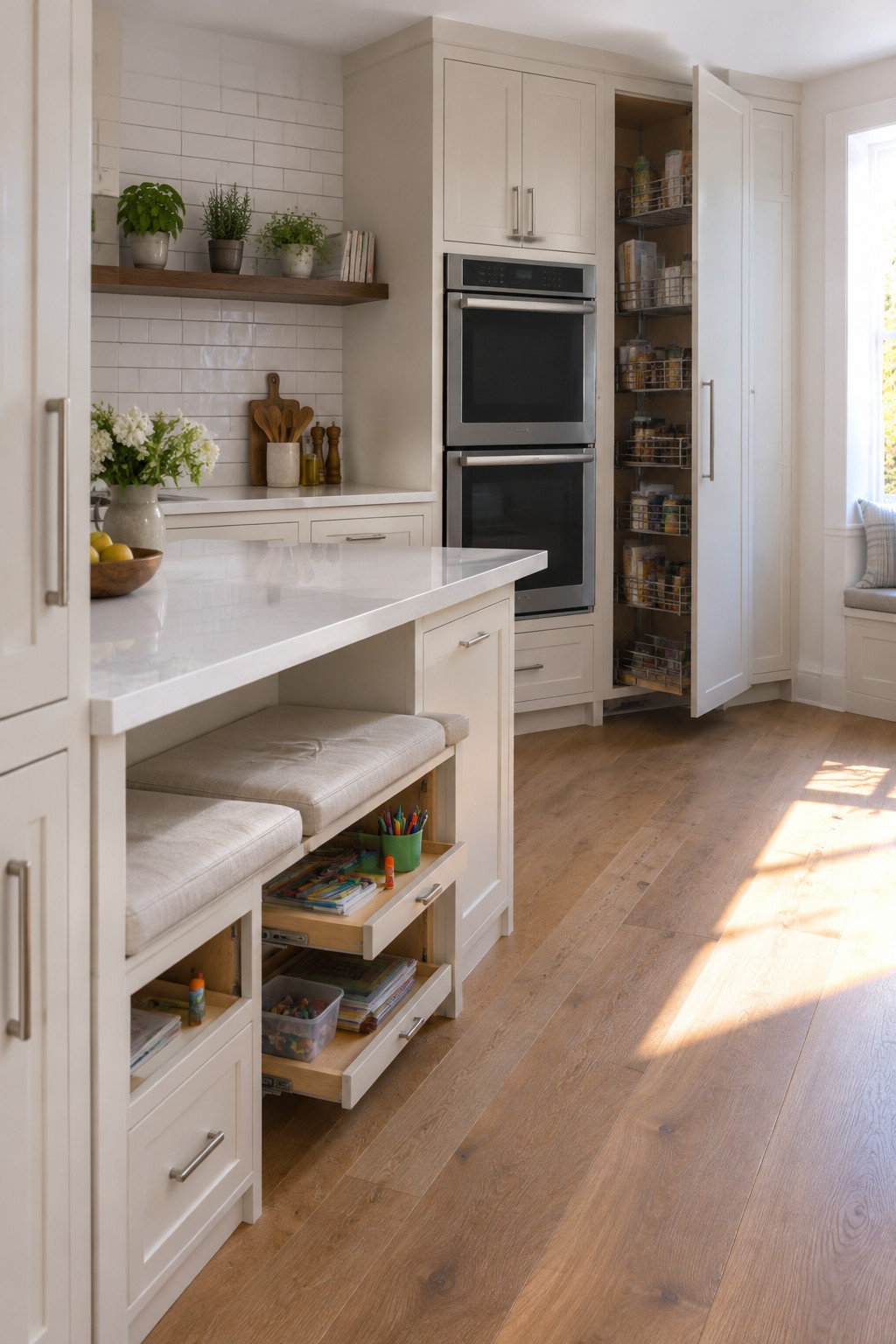 A bright kitchen interior showing a white island with cushioned benches that have open storage drawers below, plus a tall pantry cabinet with pull-out wire shelves.