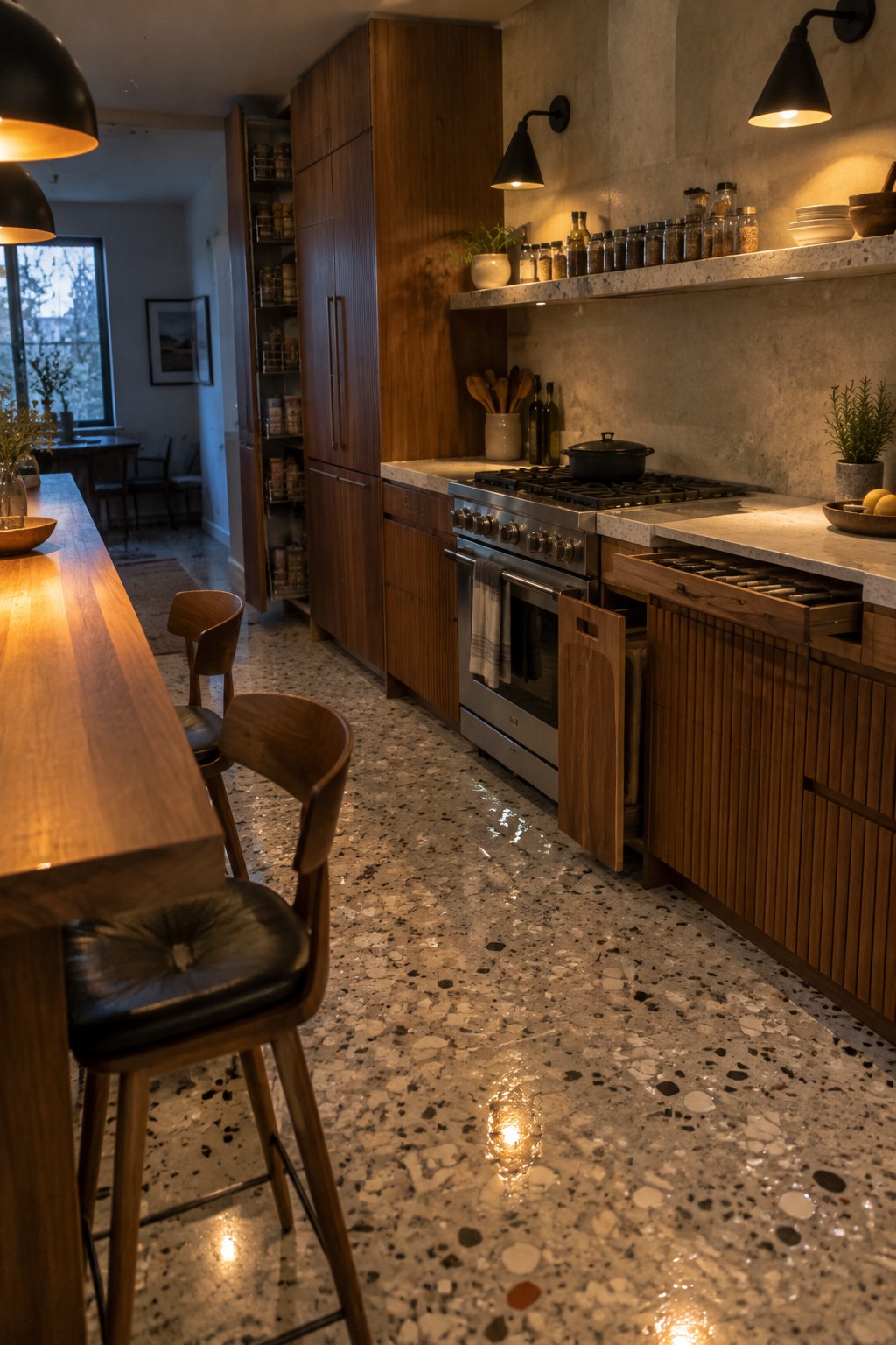 A modern kitchen with tall wood cabinetry, stainless steel range, open upper shelving with jars, terrazzo floor, and a wooden island with bar stools.