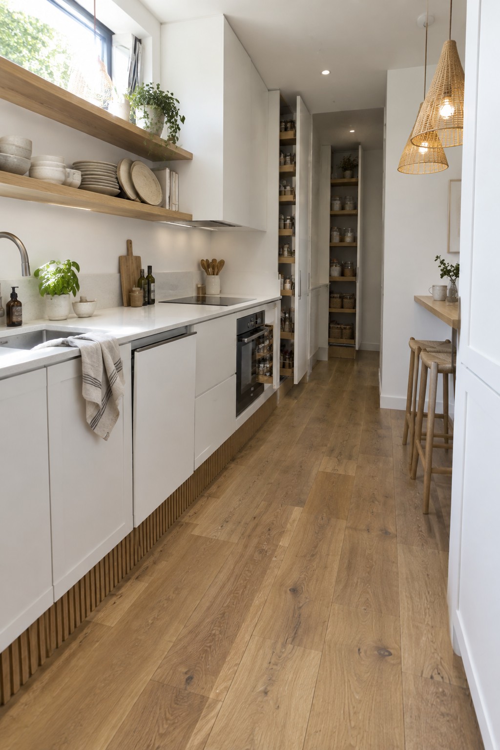Modern white kitchen with open shelves, wooden floors, pantry storage, and woven pendants.