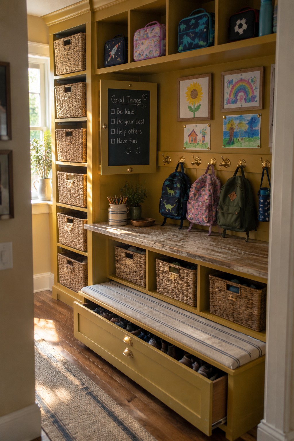 A yellow built-in entryway unit with cubbies, hooks holding backpacks, a small chalkboard, children's artwork on the wall, and a bench seat with open pull-out drawers revealing stored shoes.