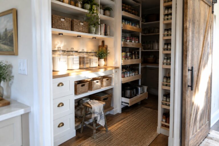 Interior view of a white pantry with light wood pull-out drawers holding canned goods, open shelving above with woven baskets and glass storage jars, and a sliding barn door on the right.