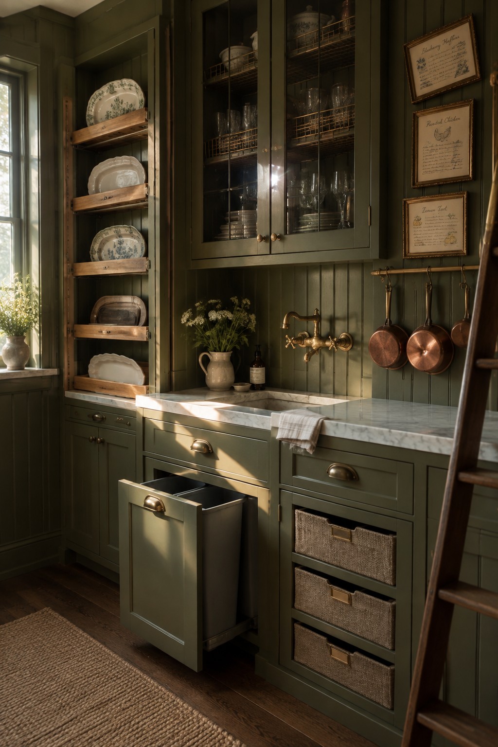 A green kitchen with open wood shelves on the left, glass cabinets above a marble countertop, brass faucet, and an open pull-out drawer holding two gray bins.
