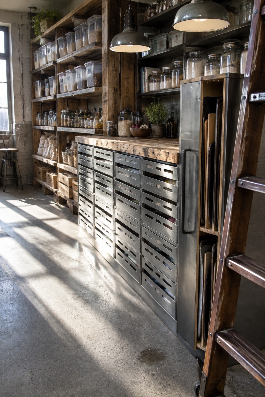 Rustic pantry interior with wooden shelves holding glass jars and plastic bins, and a row of metal pull-out storage drawers beneath a thick wood counter.