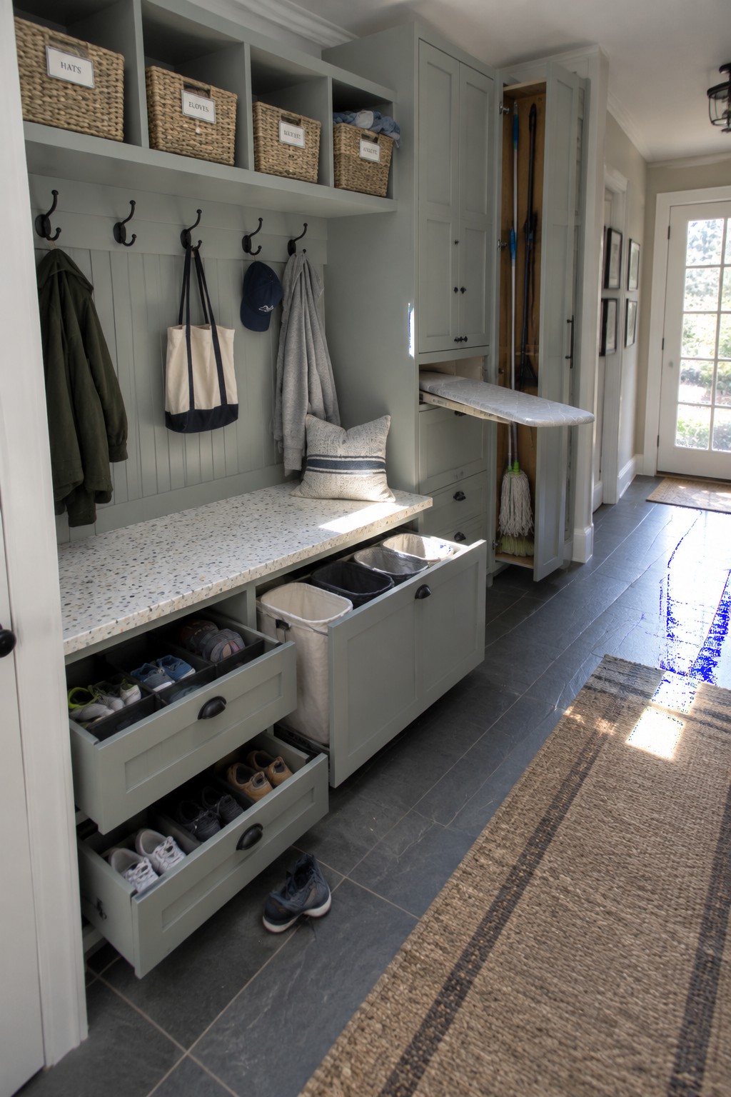 Built-in gray storage unit showing open pull-out laundry bins, shoe drawers, wall hooks, and a fold-down ironing board in a tiled entryway.