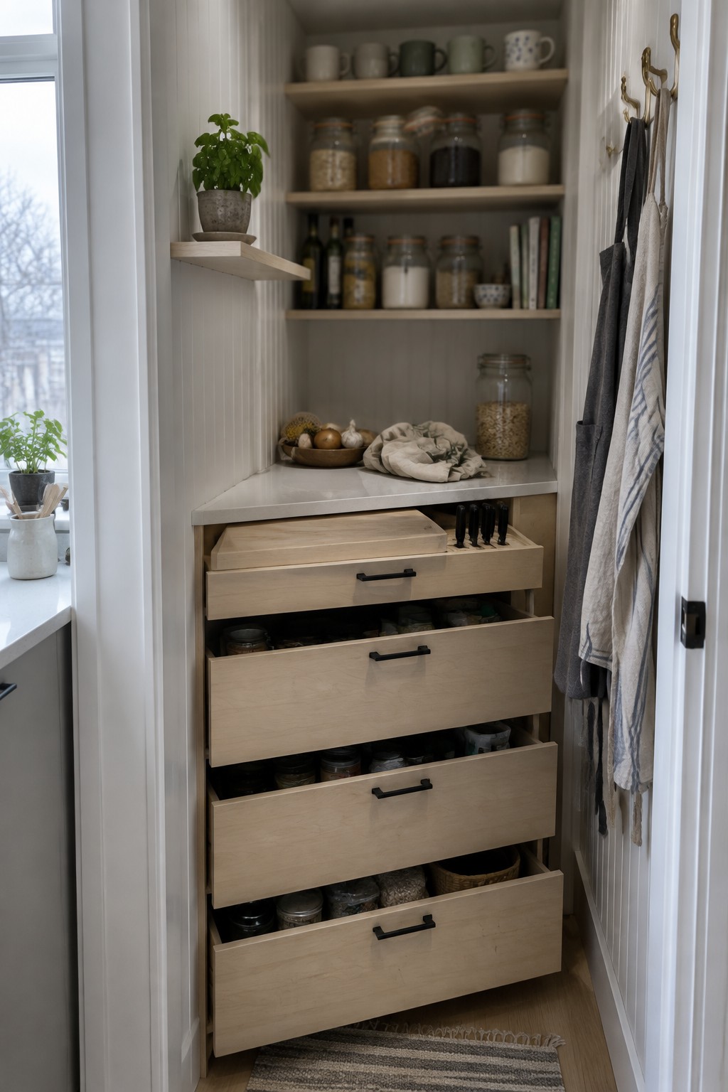 A narrow pantry with light wood pull-out drawers open to show jars and containers, plus upper shelves holding glass jars and mugs.