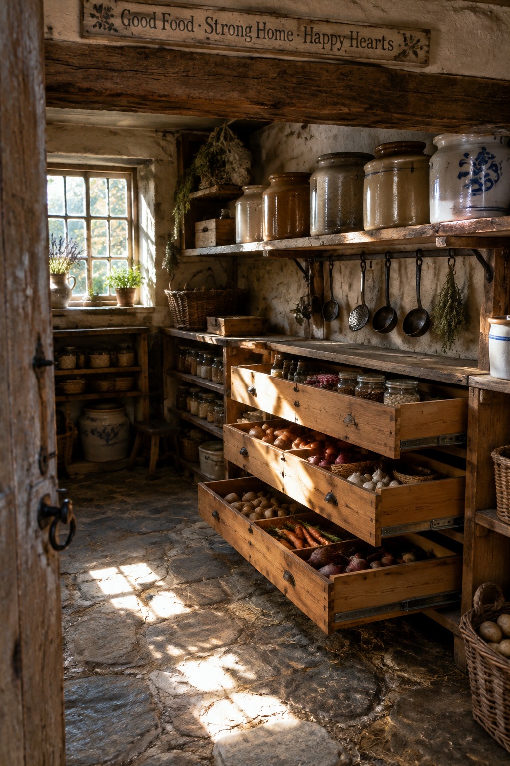 A rustic stone-floored pantry with three wooden pull-out drawers holding potatoes, onions, carrots, and beets, plus open shelves with ceramic jars and hanging utensils.