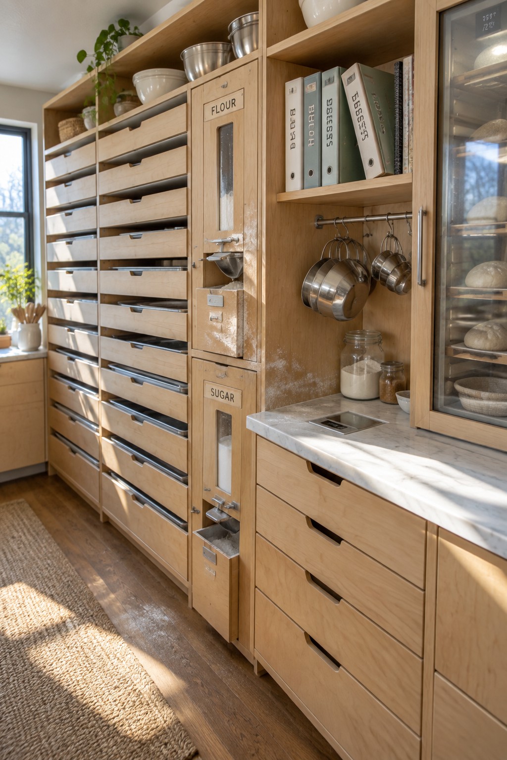 A light wood pantry wall with tall banks of pull-out drawers, two labeled flour and sugar dispensers with metal scoops, and open shelves holding metal bowls and baking books.