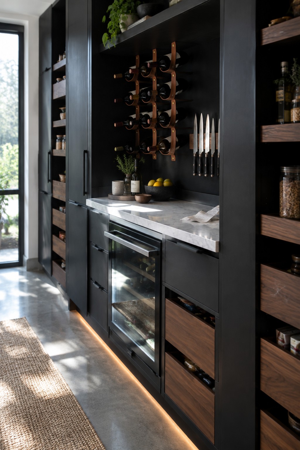 A modern kitchen pantry featuring black cabinetry, a built-in wine rack, pull-out wooden drawers, a marble countertop, and a wine refrigerator under the counter.
