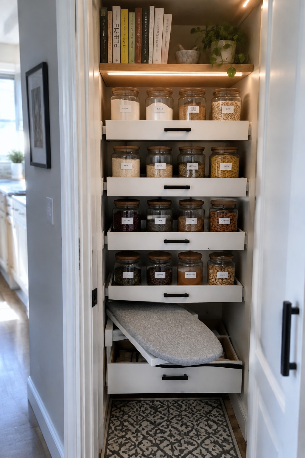 Organized white pantry with labeled glass jars, books, plants, and pull-out ironing board