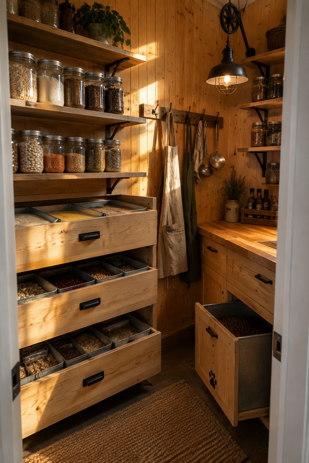 A wooden walk-in pantry with three pull-out drawers holding metal bins of dry goods, open shelves with glass jars, and hanging aprons on hooks.