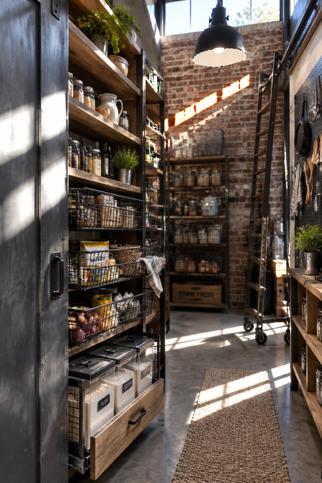 Rustic industrial pantry with wooden shelves, wire baskets, jars, and brick walls.