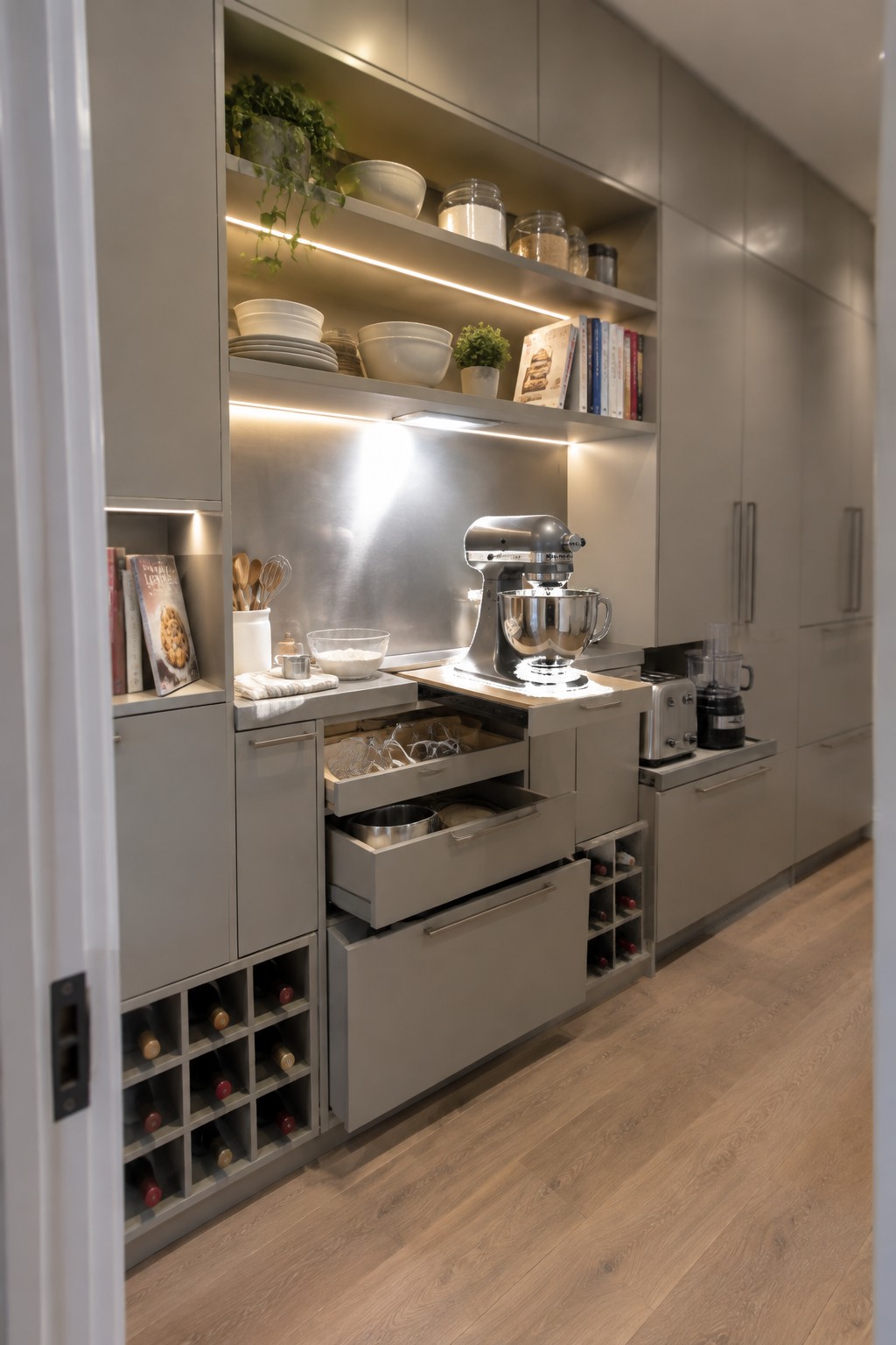 Modern gray kitchen with open shelves, stand mixer, and wine racks