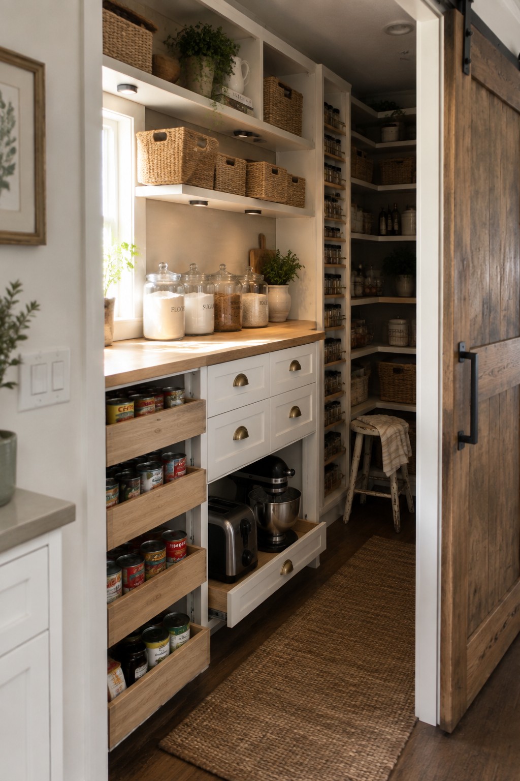 Interior view of a white pantry with light wood pull-out drawers holding canned goods, open shelving above with woven baskets and glass storage jars, and a sliding barn door on the right.