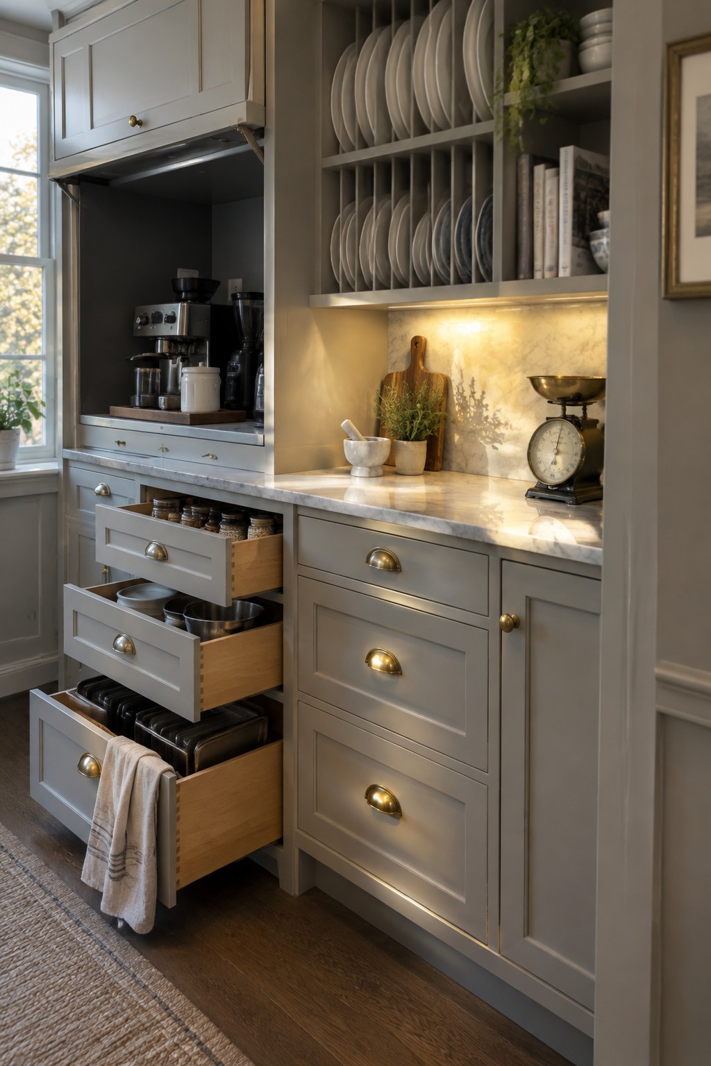 A kitchen pantry area with light gray cabinets, several open pull-out drawers holding jars, bowls, baking trays, and a cloth, plus open shelving with plates above a marble countertop.