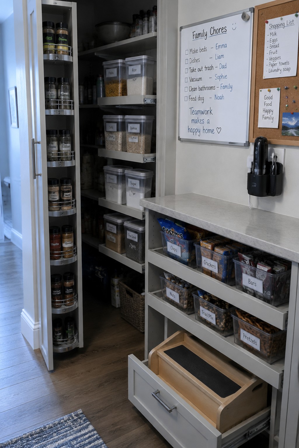 Organized pantry with labeled bins, rotating spice rack, snack shelves, and chore whiteboard.