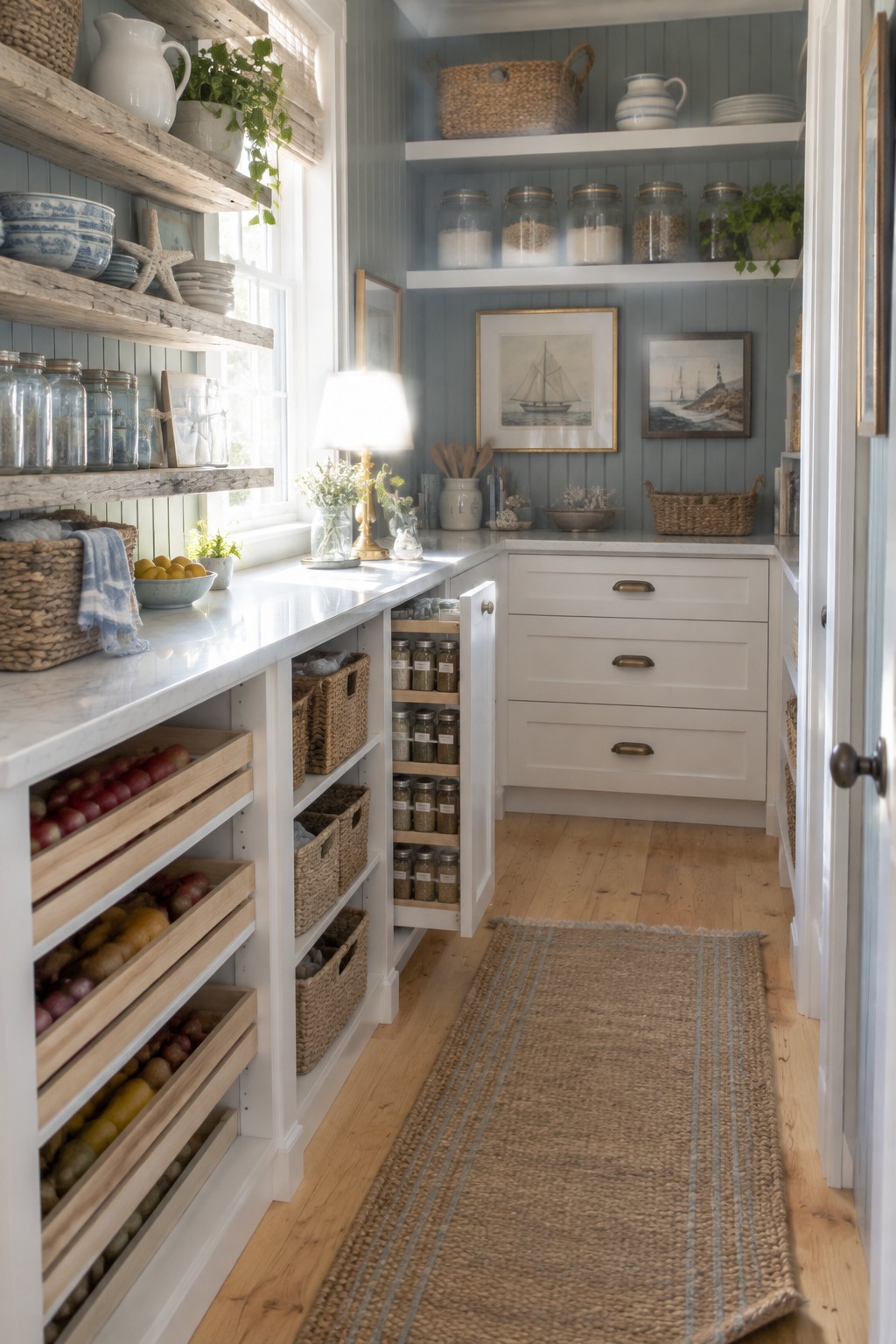 A narrow pantry interior with white cabinetry, open wooden shelves, pull-out drawers holding vegetables, a pull-out spice rack, and a woven runner on the wood floor.