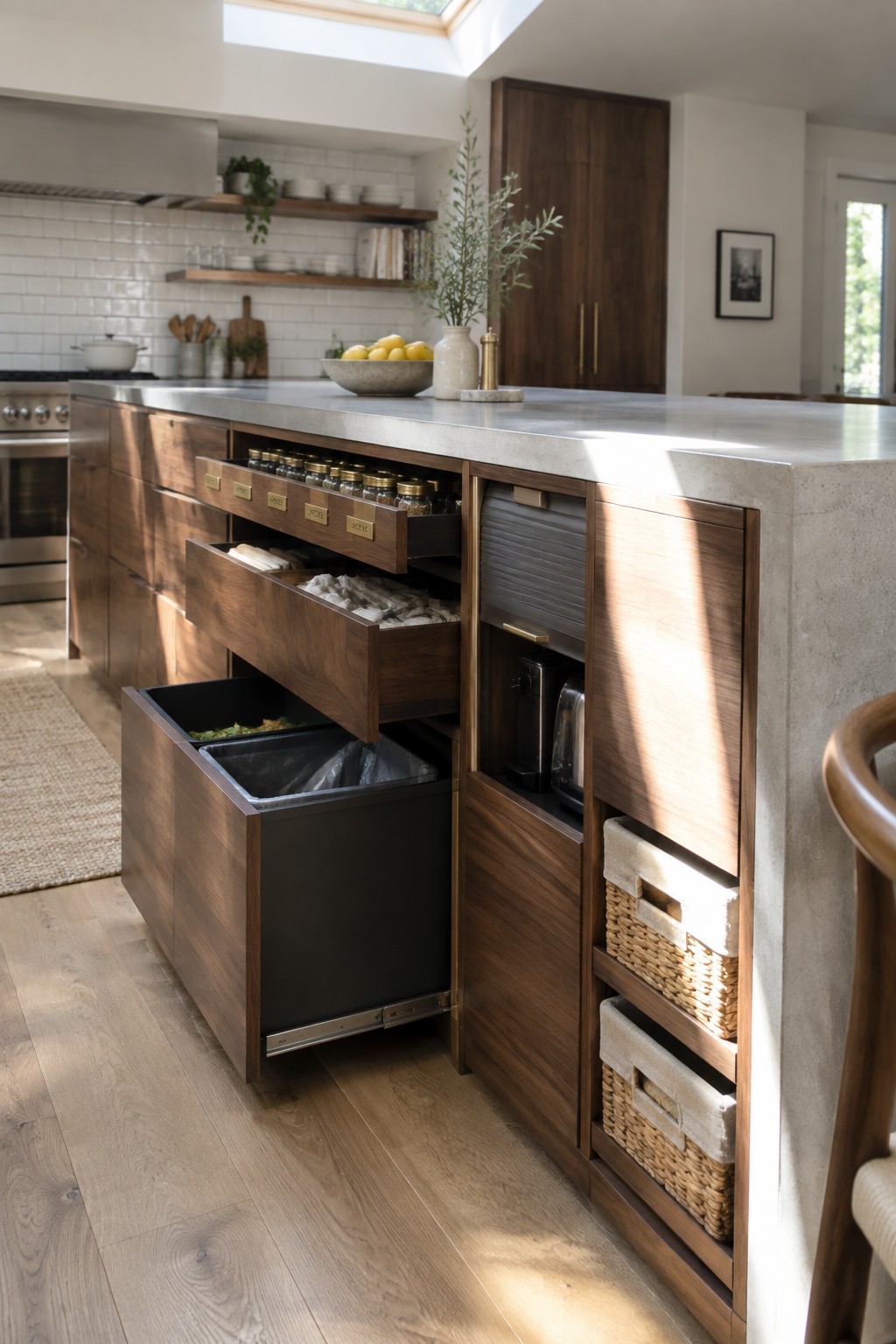 A kitchen island with dark wood cabinetry showing several open pull-out drawers containing spice jars, folded linens, and a large black bin.