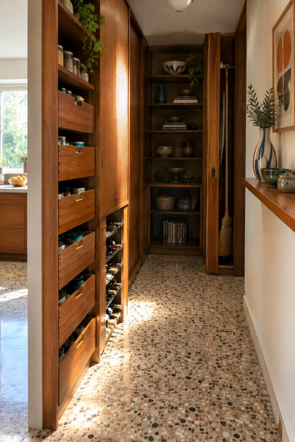 Narrow wooden pantry interior with multiple pull-out drawers on the left wall, open shelving in the center, a wine bottle rack, and a terrazzo floor.