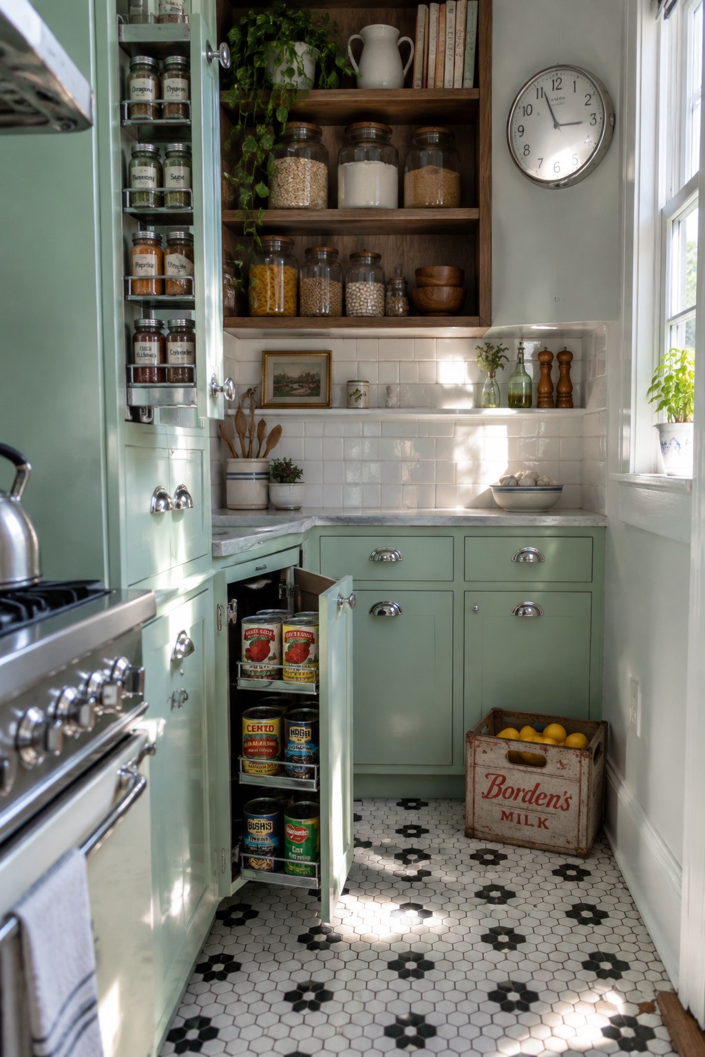 A mint green kitchen pantry with open cabinet doors showing multiple pull-out wire shelves filled with canned goods and a door rack holding spice jars.