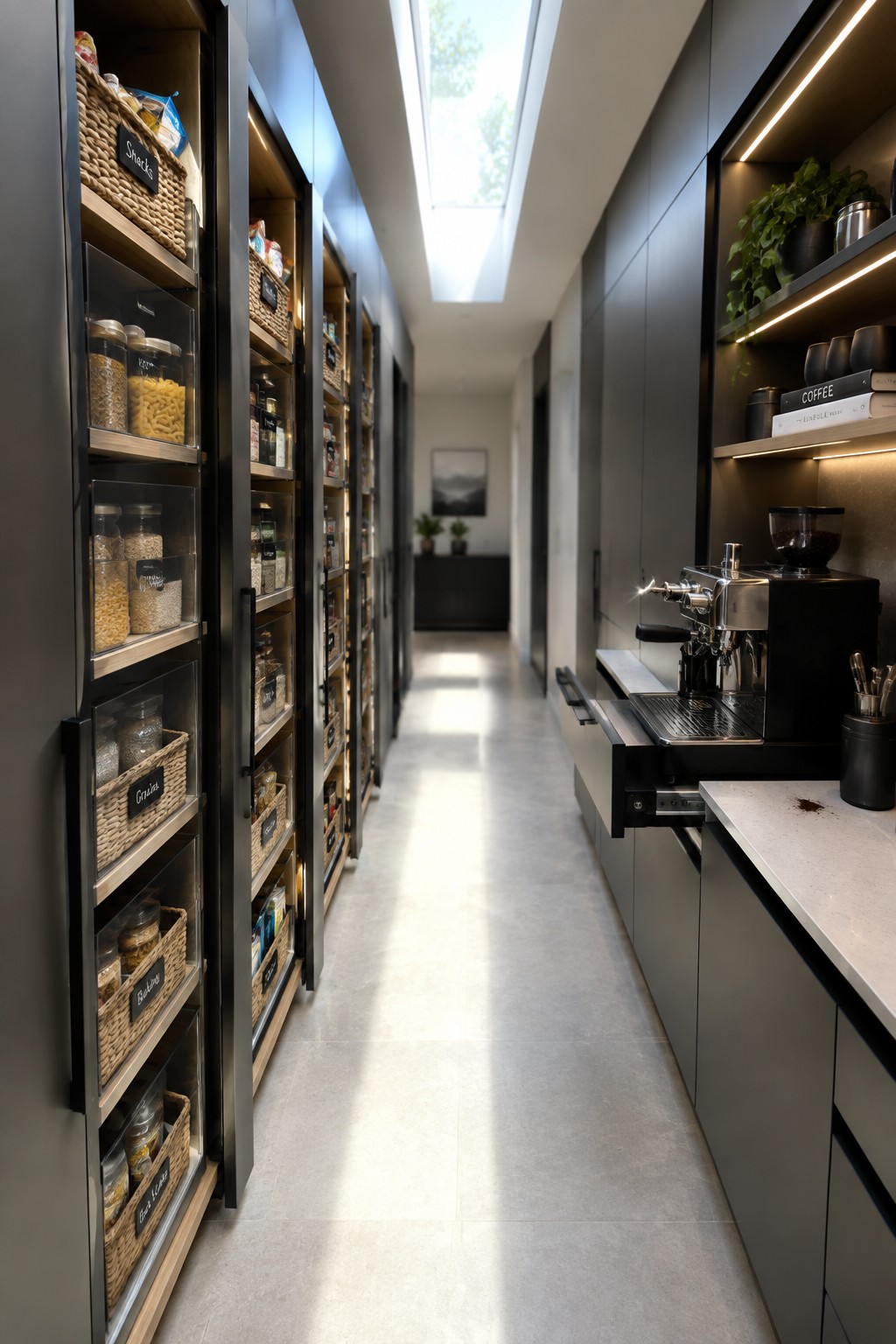 Modern pantry with glass jars, labeled baskets, and coffee machine in sleek cabinets.