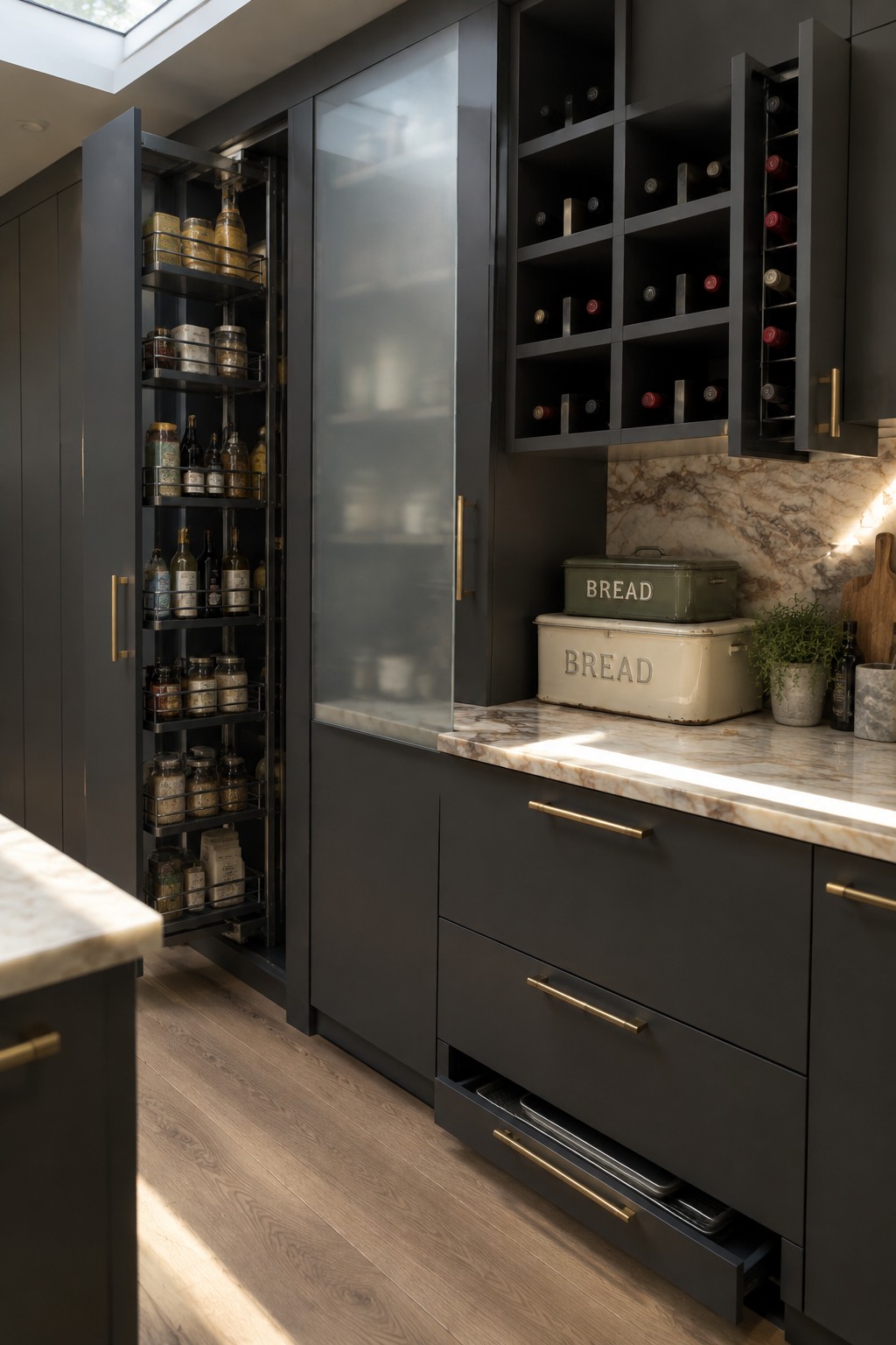 A kitchen interior showing tall dark gray cabinets with multiple pull-out wire shelves holding jars and bottles, next to a built-in wine rack cabinet and marble countertops.