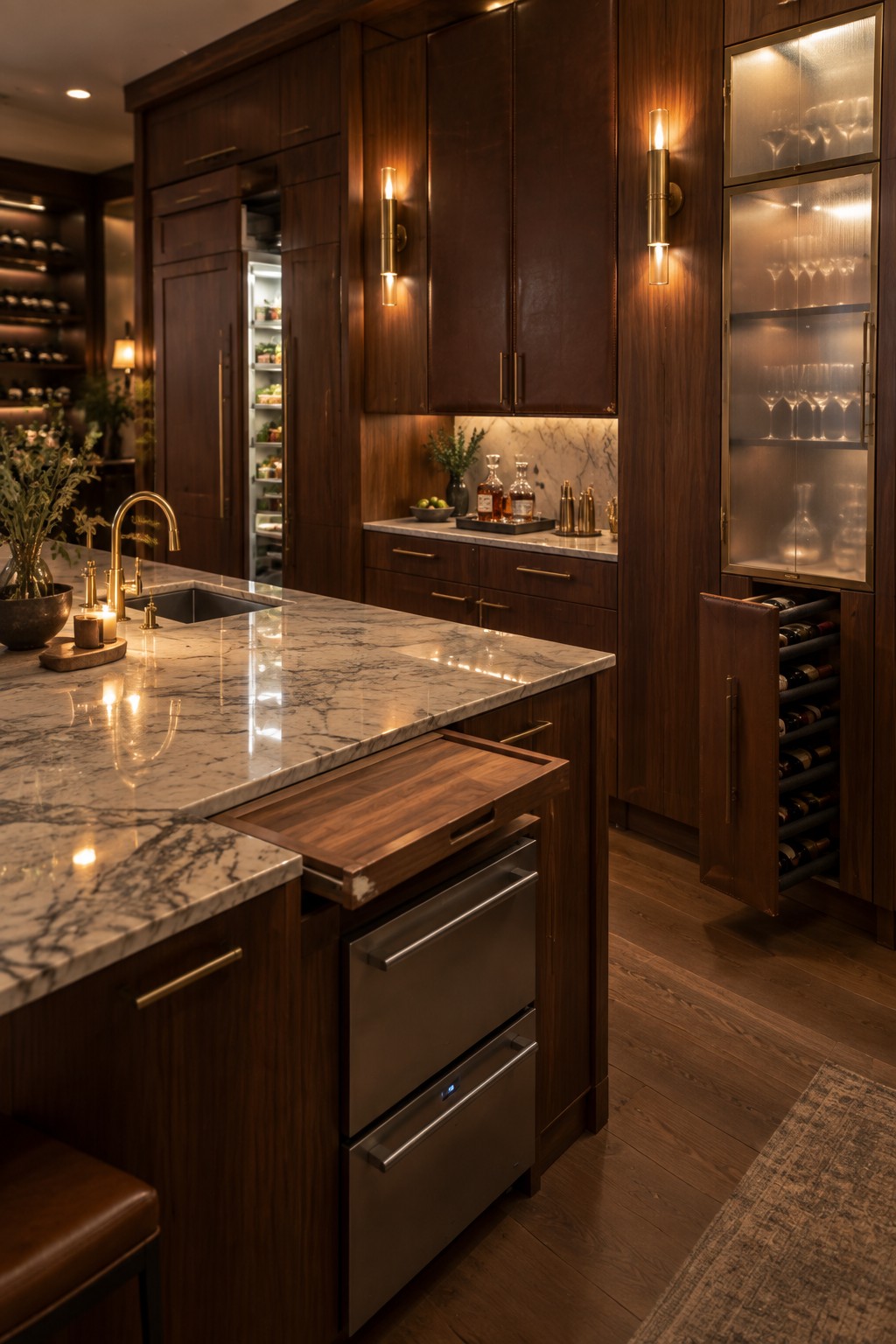A dark wood kitchen with marble countertops showing an open pull-out wine rack filled with bottles on the right side of the frame.