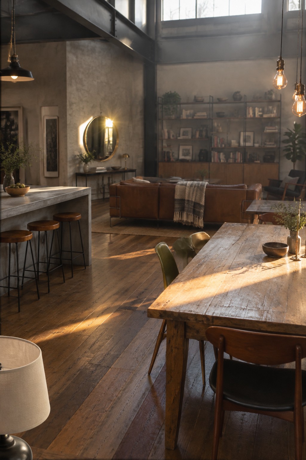 Sunlit industrial loft with rustic wooden table, leather sofa, and concrete island.