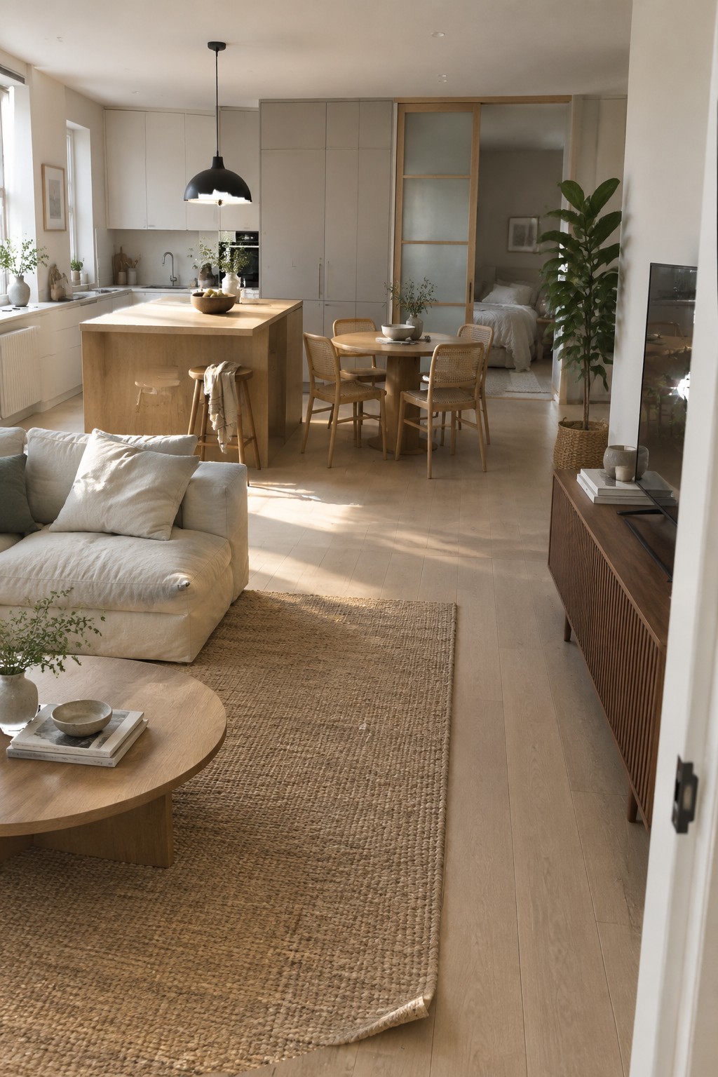 Sunlit minimalist apartment with white sofa, jute rug, wooden dining table, and kitchen.