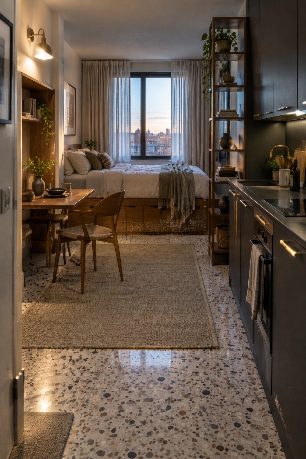 Modern studio with bed, dark kitchen, dining table, rug, and terrazzo floor.