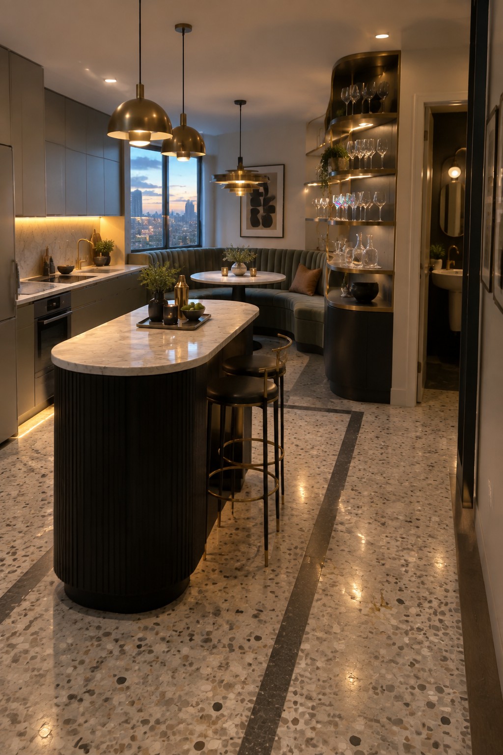 A modern apartment kitchen featuring a white marble island with black ribbed base and two bar stools, a green curved banquette around a round dining table, open shelving with glassware, and large windows showing a city view at dusk.