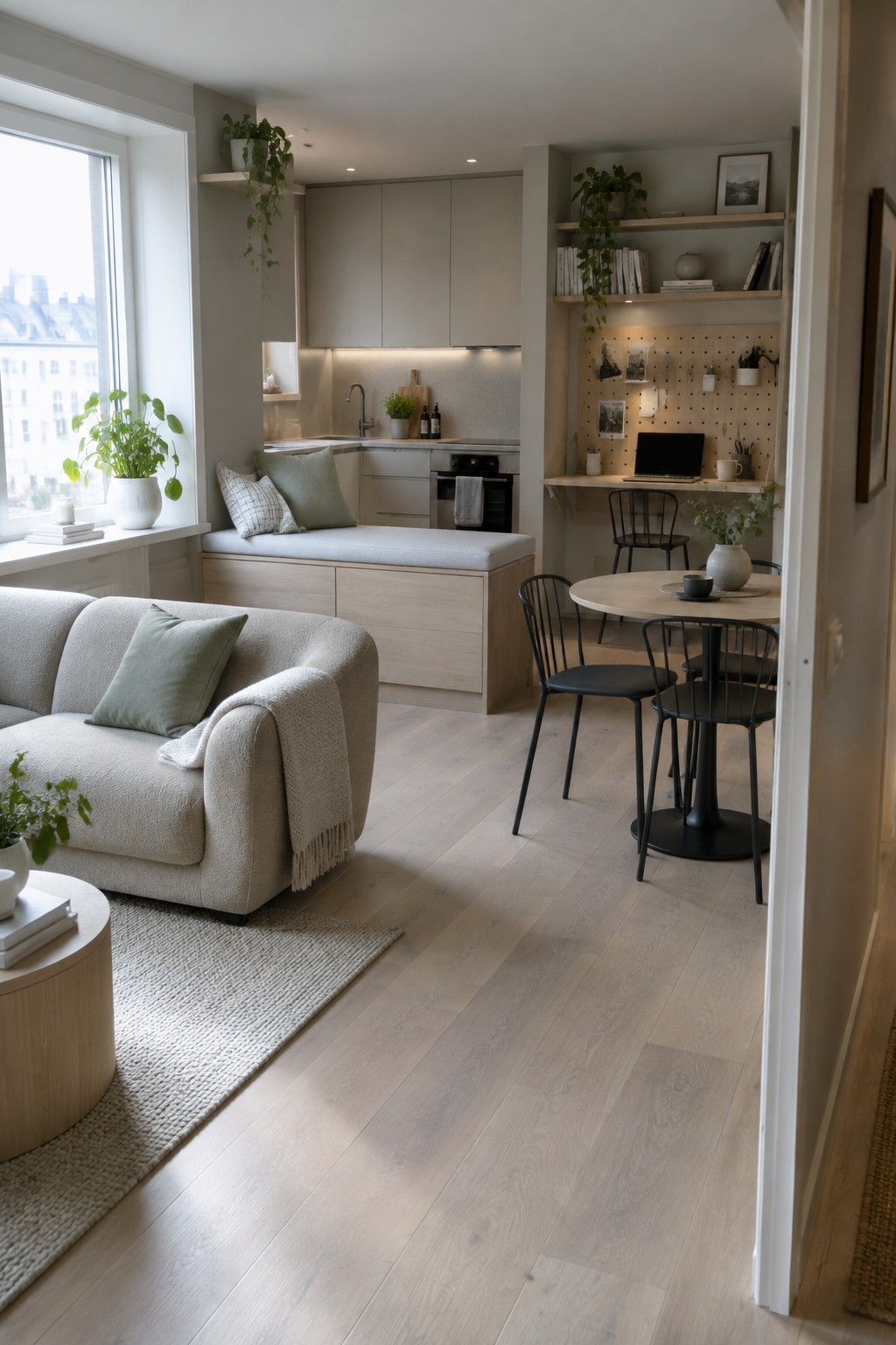 An open-plan apartment interior with a beige sofa, built-in window bench with cushions, light wood kitchen, round dining table, and a workspace area with pegboard and shelves.