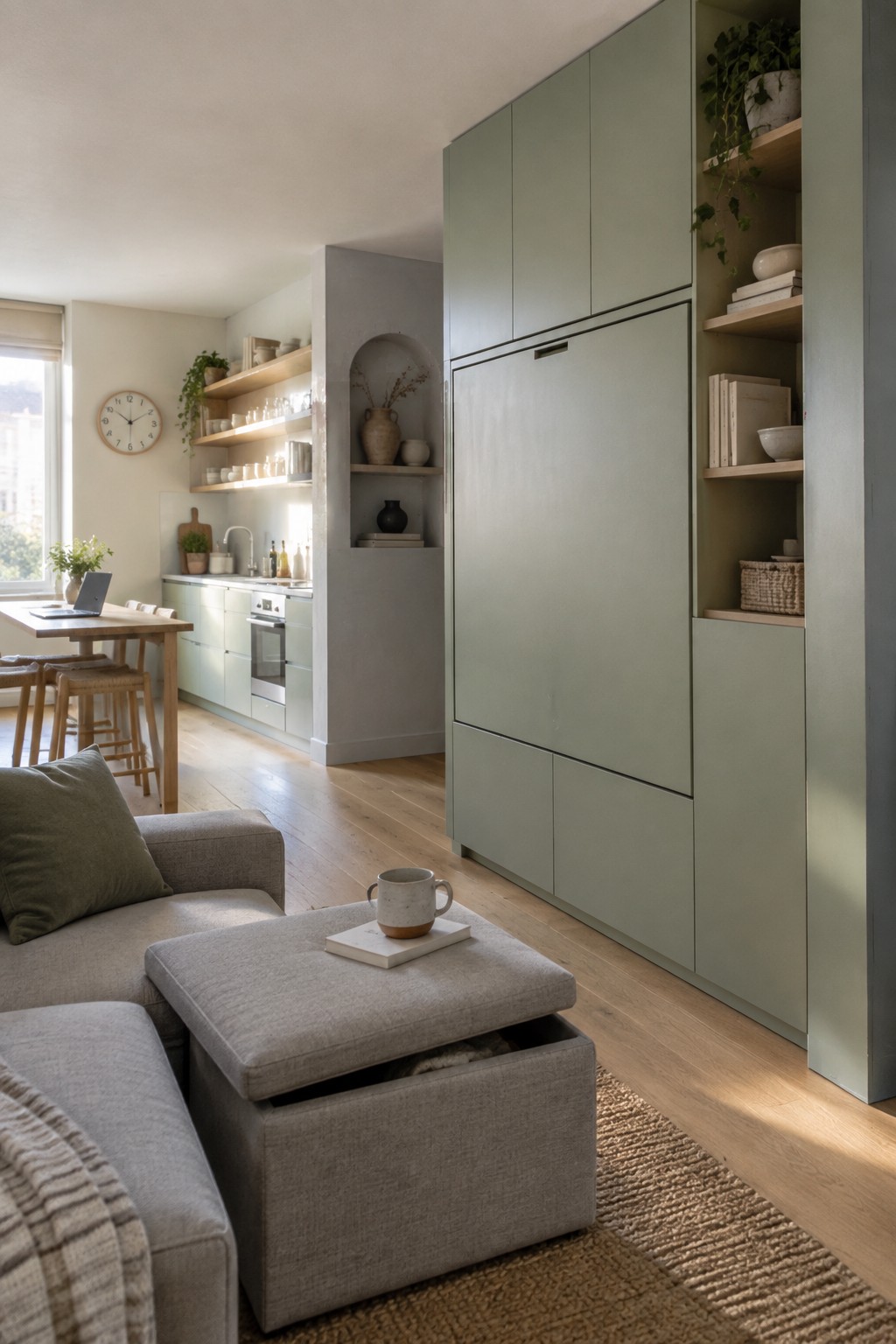 A living room with a gray sofa and storage ottoman facing a tall sage green built-in cabinet unit next to a kitchen with open wooden shelves.