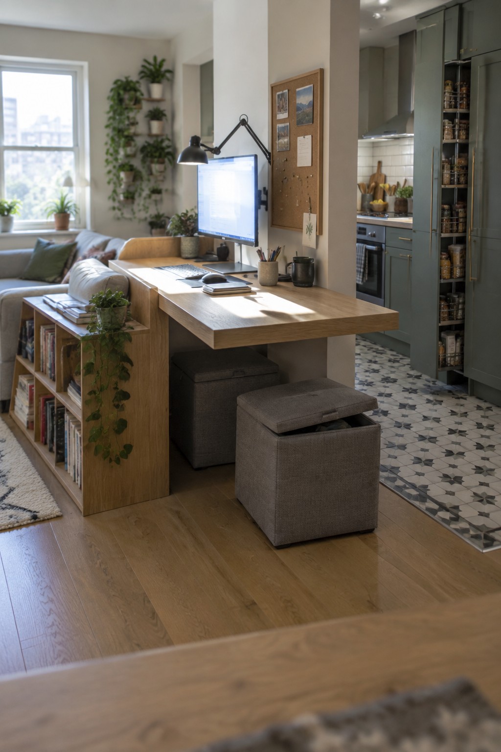 A light wood built-in desk extends from a bookshelf unit in a living room, with a computer monitor, keyboard, and two gray storage ottomans below, near a kitchen with patterned tile flooring.