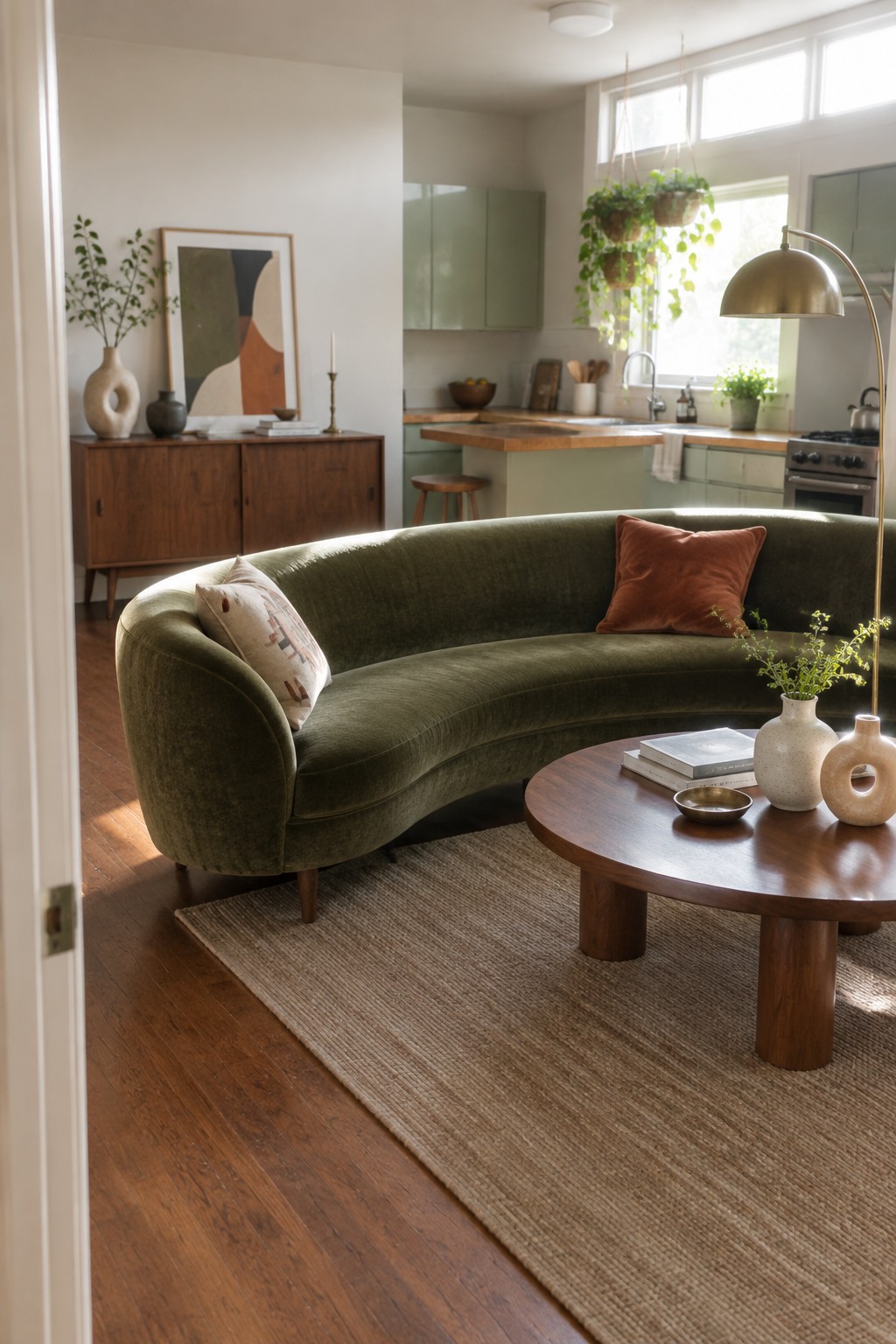 Curved green velvet sofa and round wooden table in open living-kitchen space