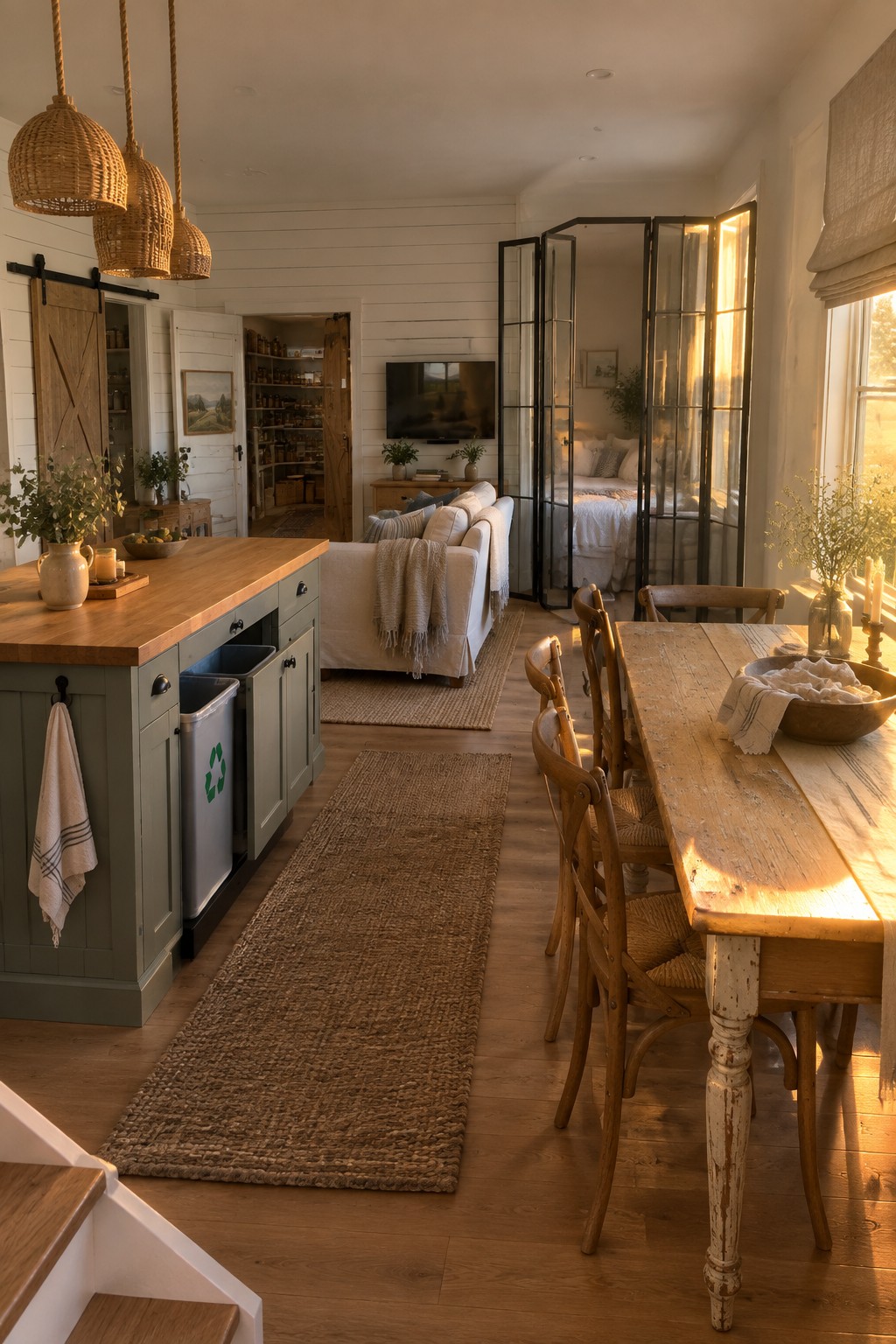 An open-plan apartment interior with a large kitchen island featuring a wooden top and sage green base, a wooden dining table with chairs, a white sofa, woven rugs on wood flooring, and black-framed glass doors opening to a bedroom.