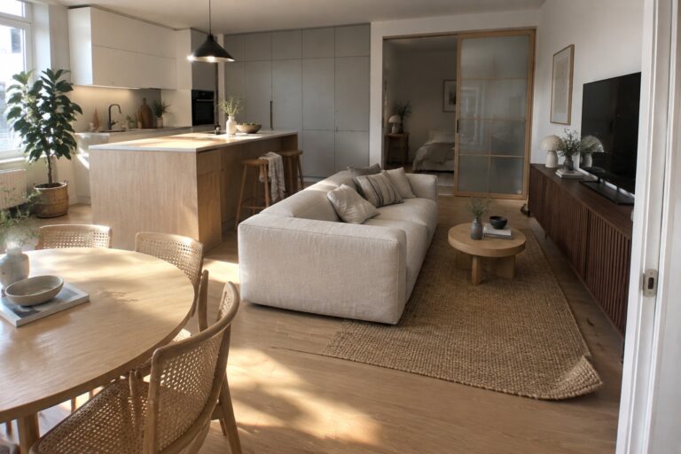 21 Smart Apartment Interiors Designed for Open-Plan Living Sunlit minimalist apartment with white sofa, jute rug, wooden dining table, and kitchen.