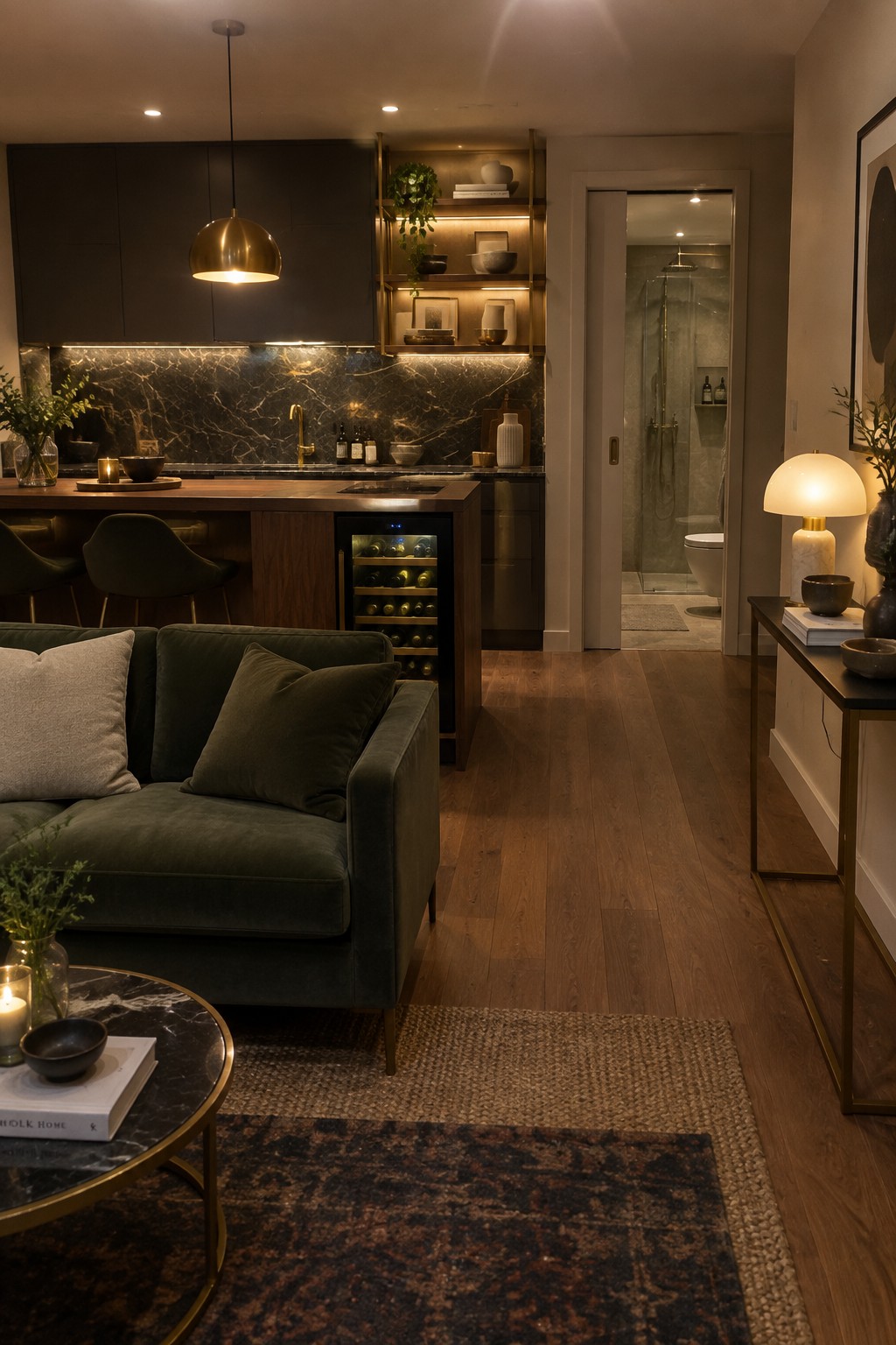 Open-plan apartment interior with a dark green velvet sofa and marble coffee table on layered rugs, adjacent to a kitchen with dark cabinets, wood flooring, and a wine fridge, with a bathroom visible through an open doorway.