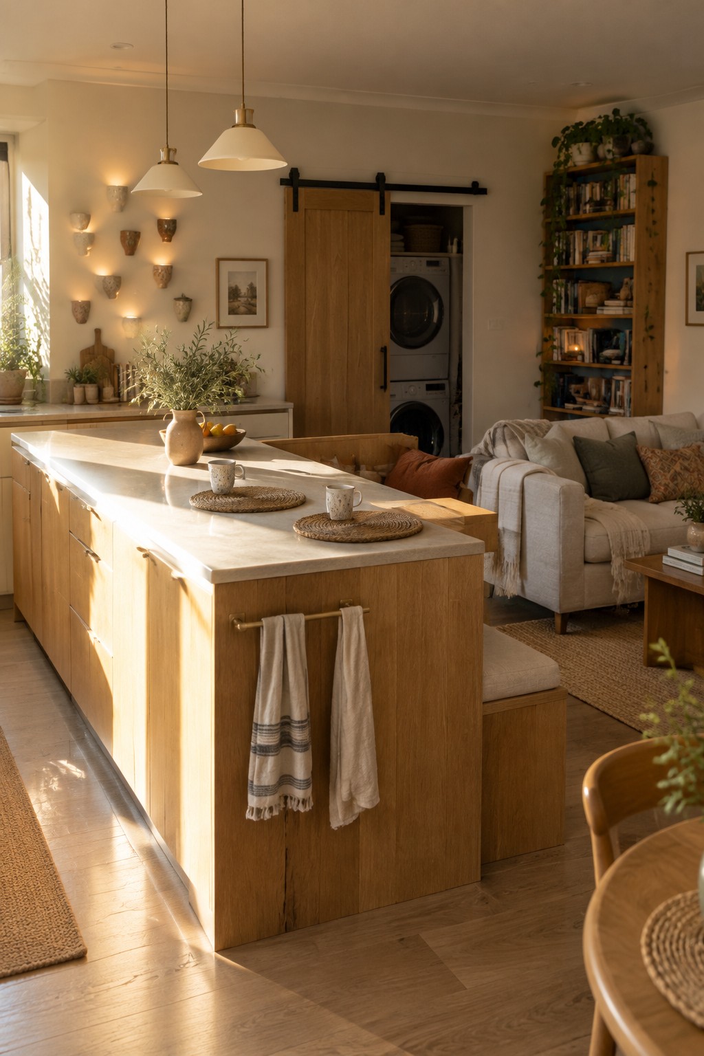 Sunlit wooden kitchen island in open living space with sofa and bookshelves