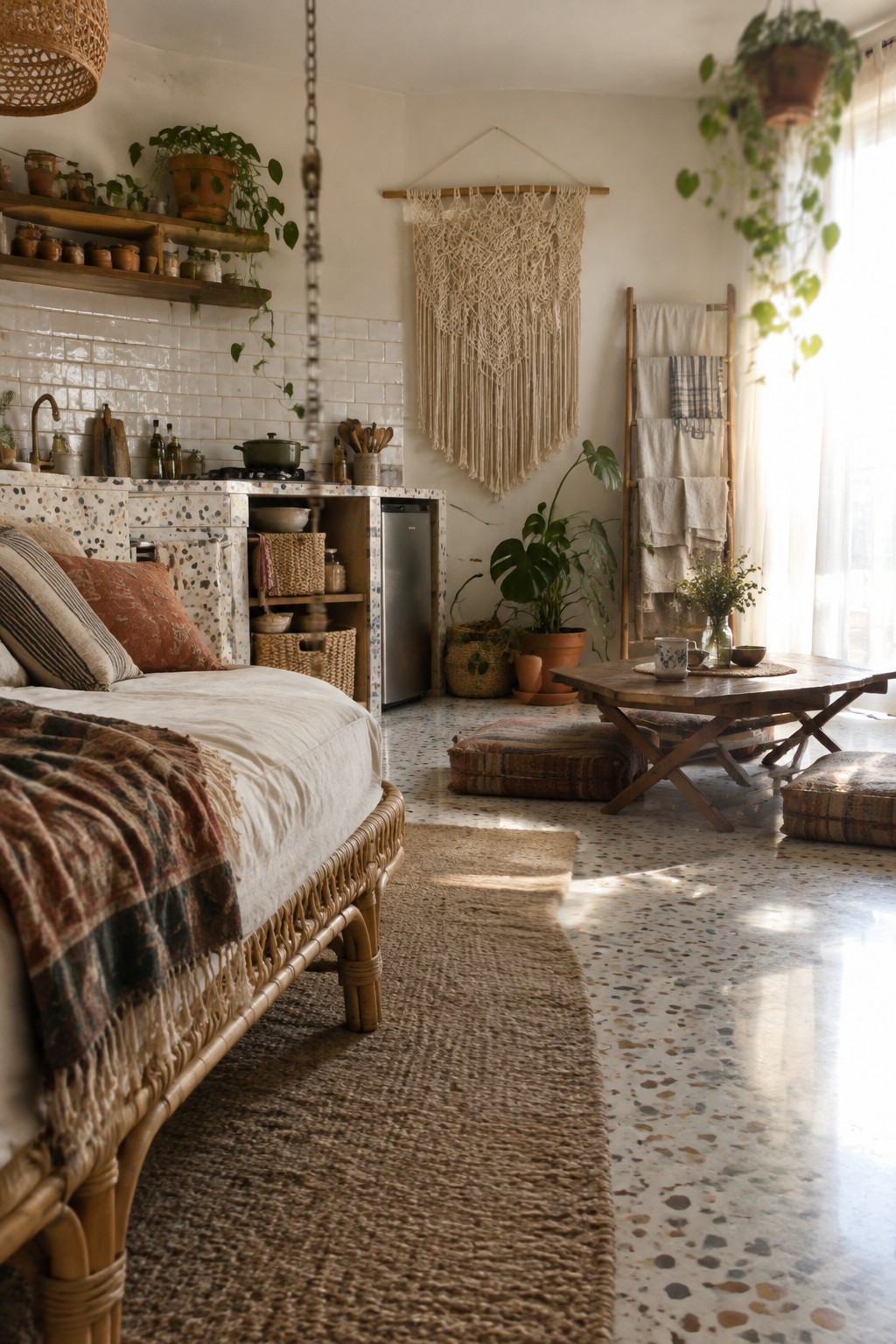 An open-plan apartment interior with a rattan bed on a woven rug, terrazzo kitchen counters, a low wooden coffee table with floor cushions, macrame wall hanging, and numerous houseplants.