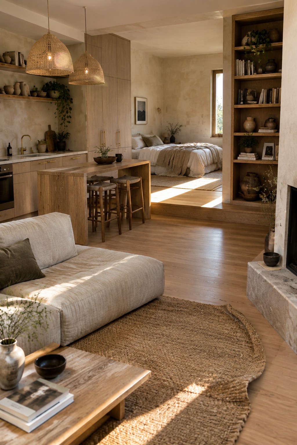 Sunlit minimalist interior with beige sofa, wooden kitchen island, jute rug, and bedroom.