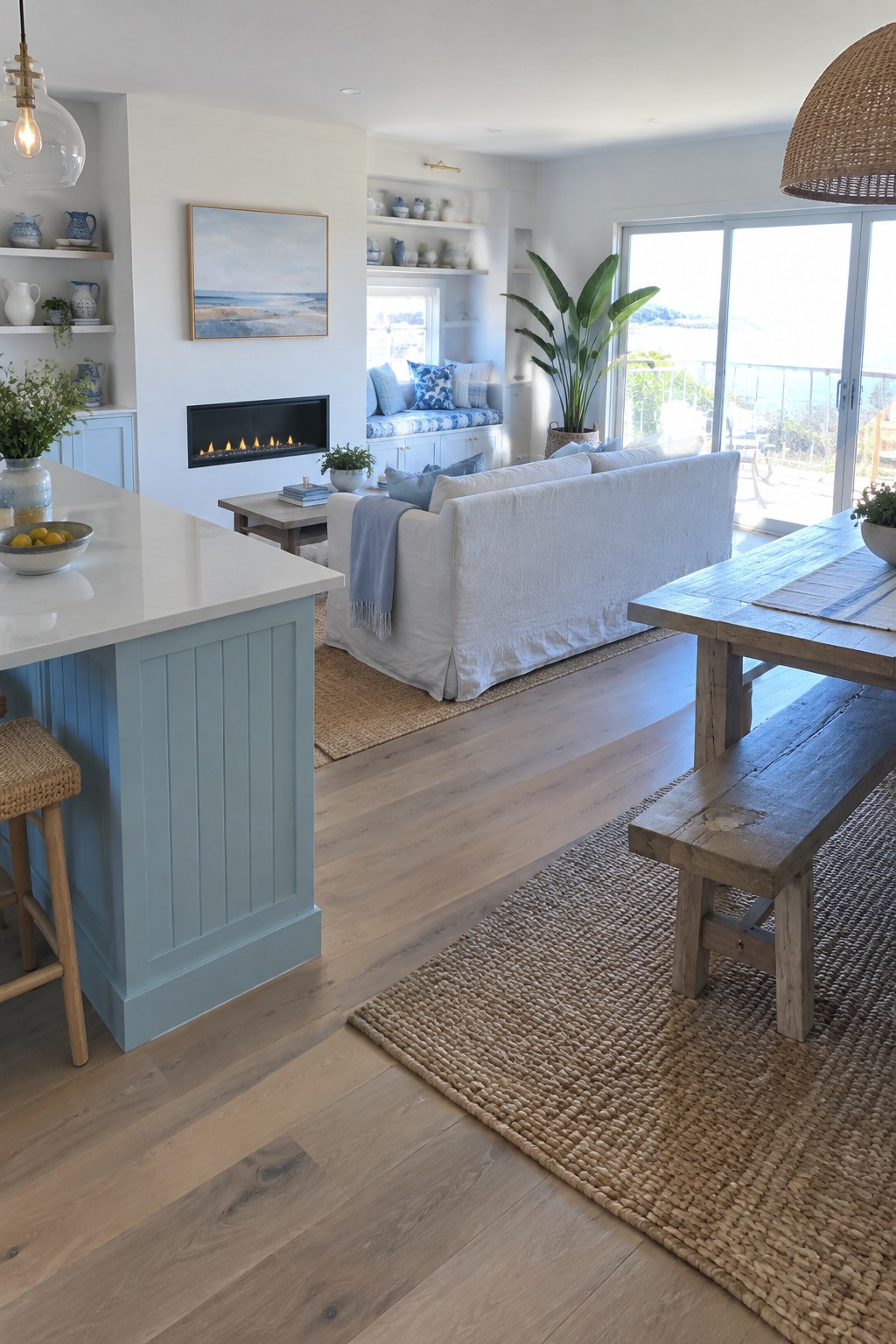 Bright coastal living room with white sofa, blue island, wooden table, and ocean view.