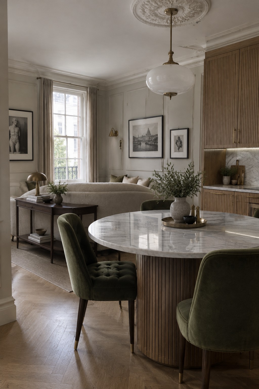 An open-plan apartment interior featuring a round marble dining table with green velvet chairs, a curved beige sofa, wooden kitchen cabinetry, and framed artwork on paneled walls.