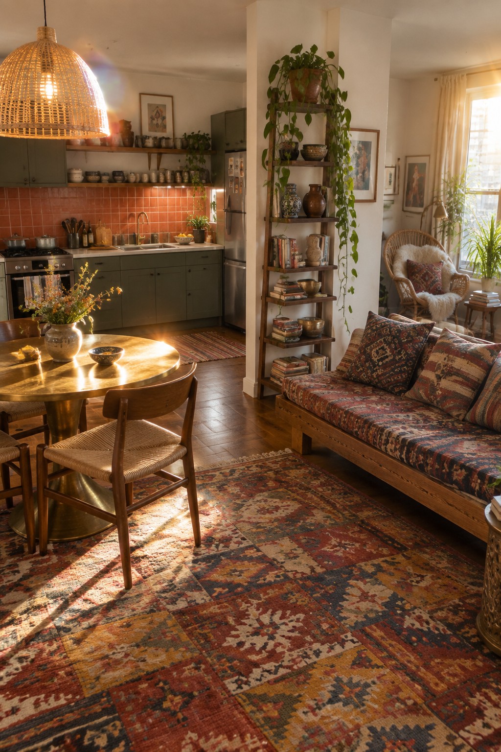 Sunlit bohemian interior with colorful rugs, wooden furniture, daybed, and plants.