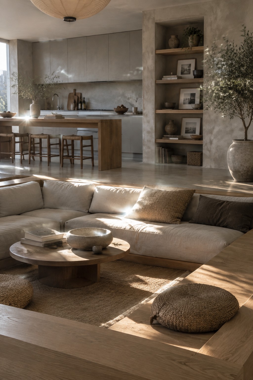 A modern open-plan apartment interior showing a sunken living area with a large beige sectional sofa set into a wooden platform, a round wooden coffee table on a jute rug, woven floor cushions, and an adjacent kitchen with a wooden island and four bar stools.