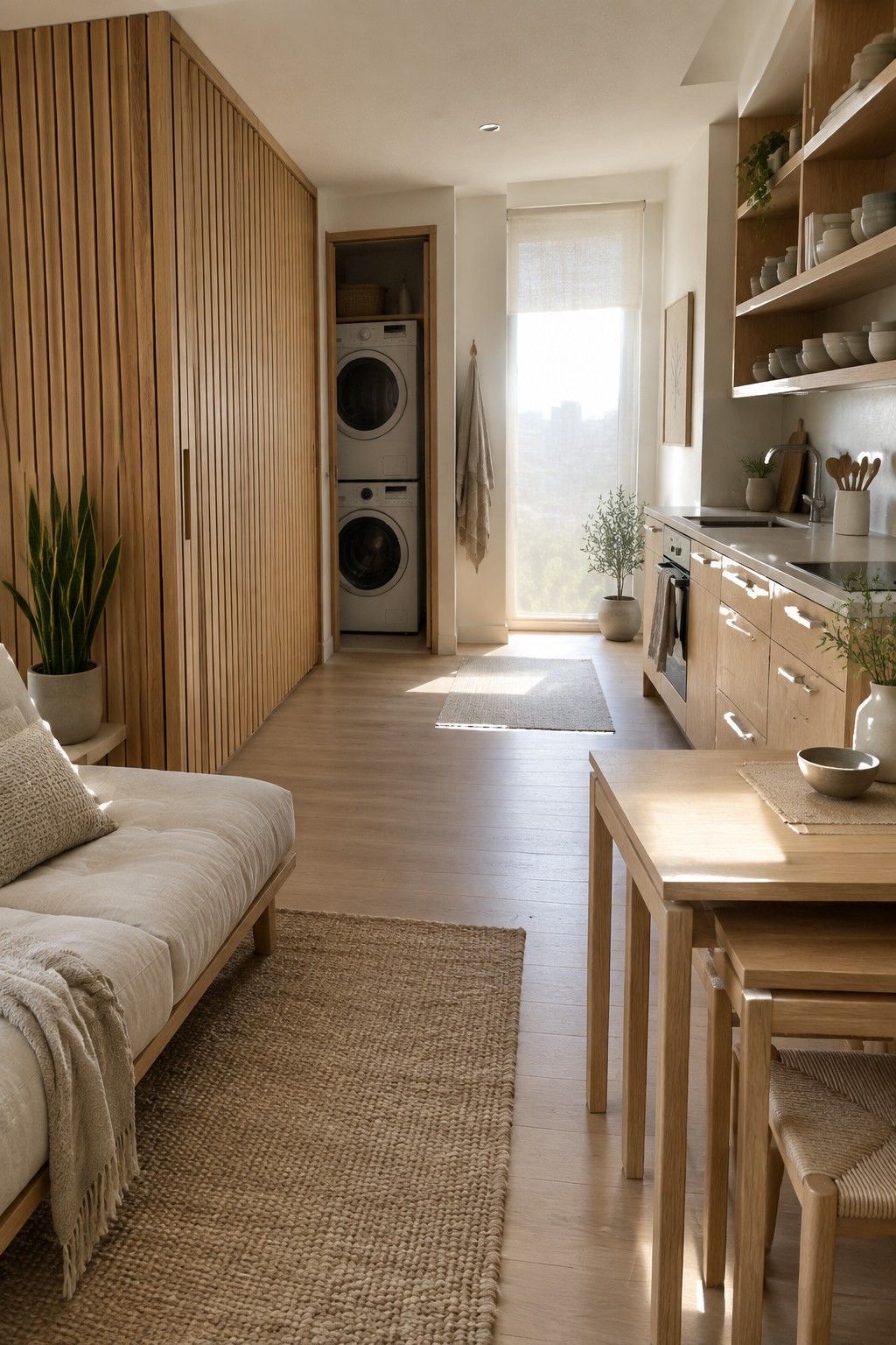 Minimalist light wood kitchen and dining area with woven rugs and daybed